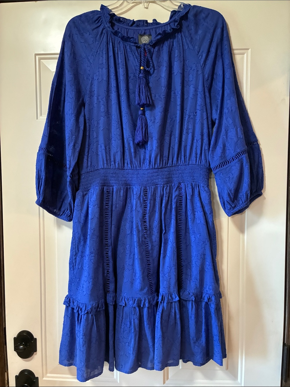 Size 14 Vince Camuto Cobalt Blue Smock Waist Ruffle Tiered Midi Dress (ABBA)